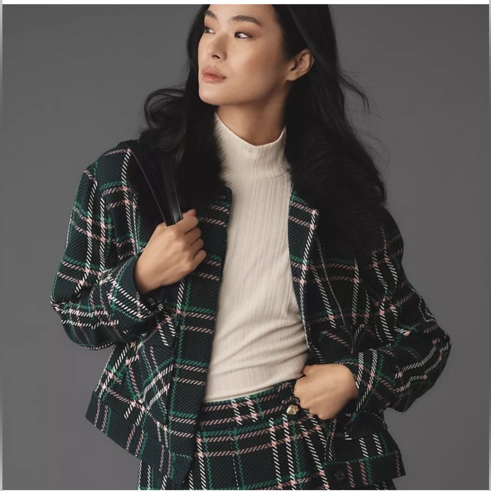 Maeve Plaid Crop Faux-Fur Collar Coat